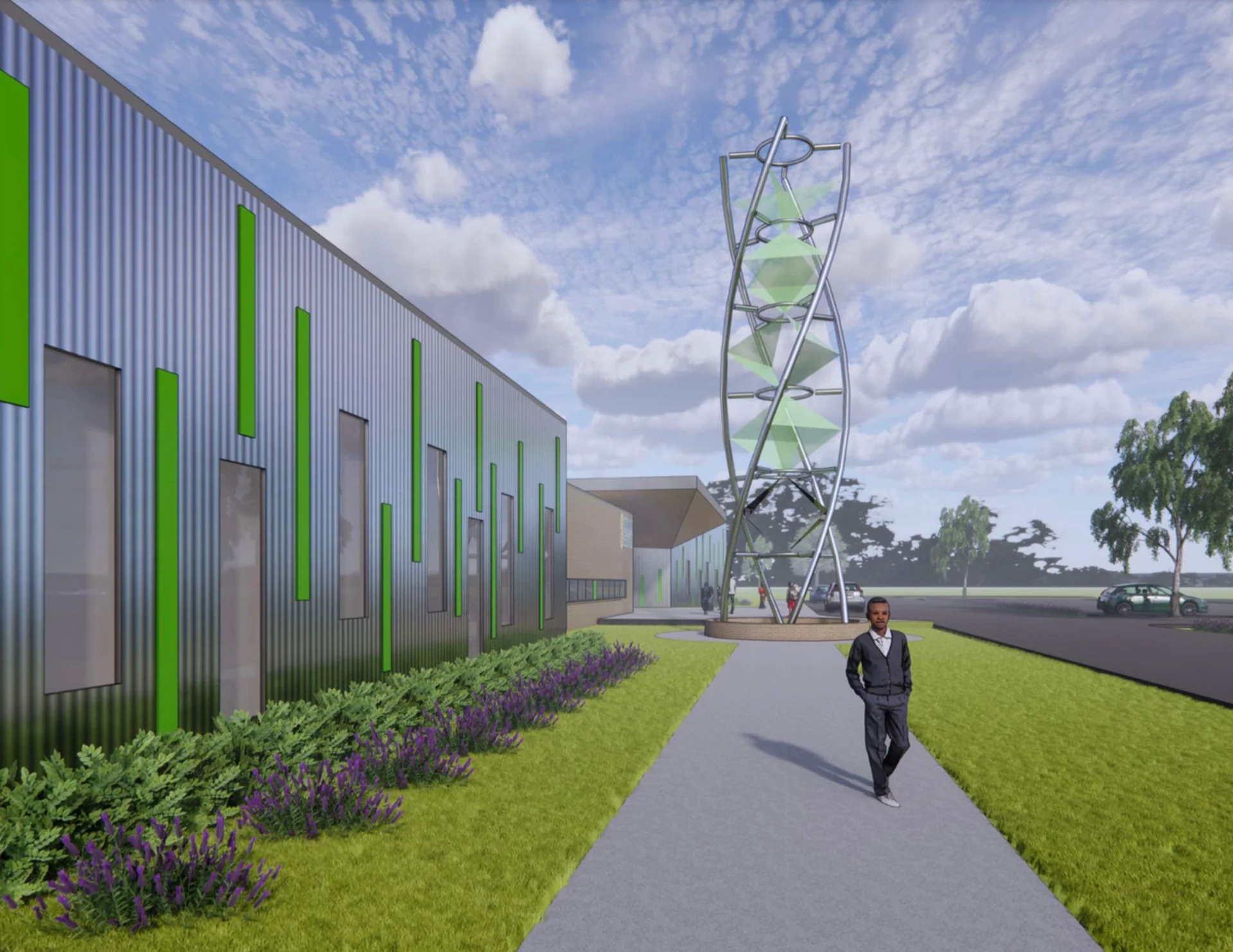 front building exterior sidewalk and helix sculpture rendering