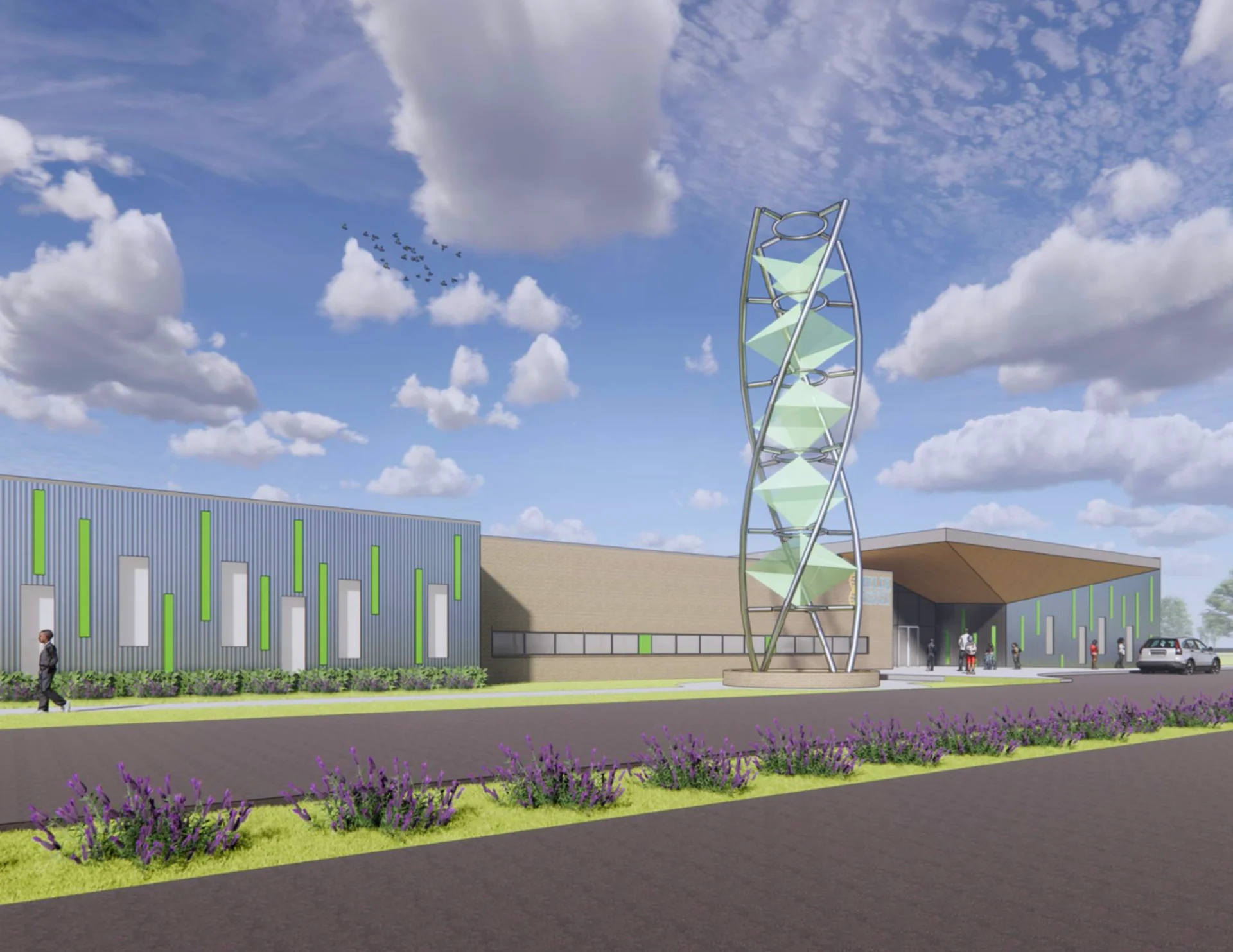 front building exterior with helix sculpture rendering