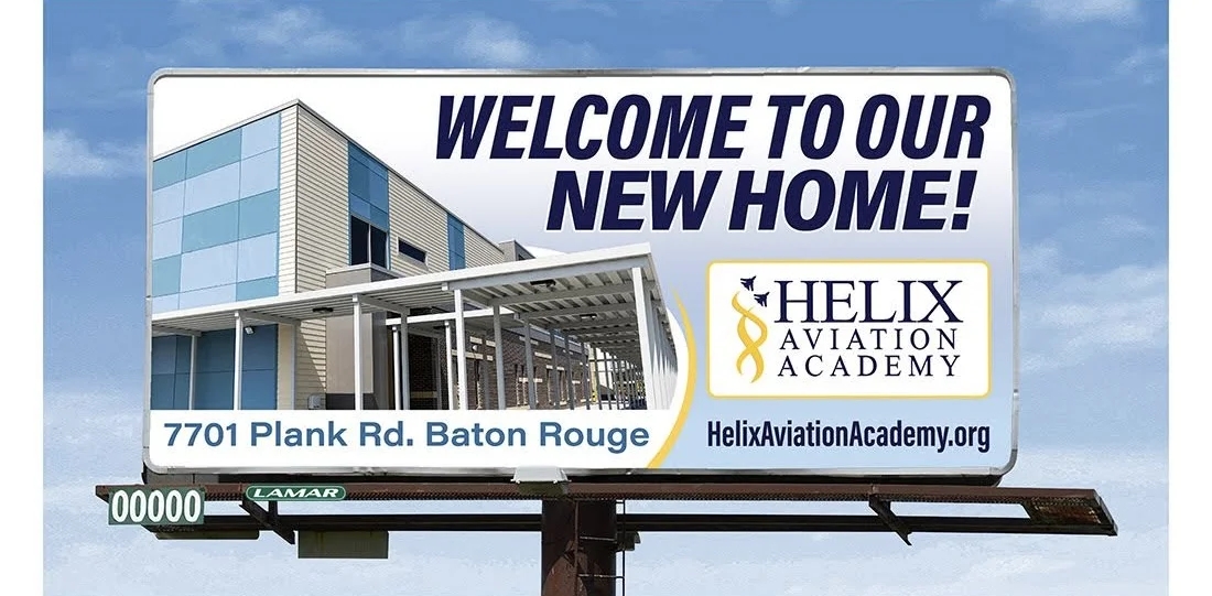 Billboard showcasing Helix Aviation Academy new home