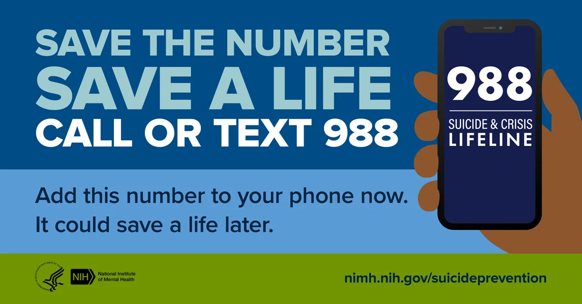 GRAPHIC FOR NATIONAL SUICIDE PREVENTION HOTLINE CALL OR TEXT 988 