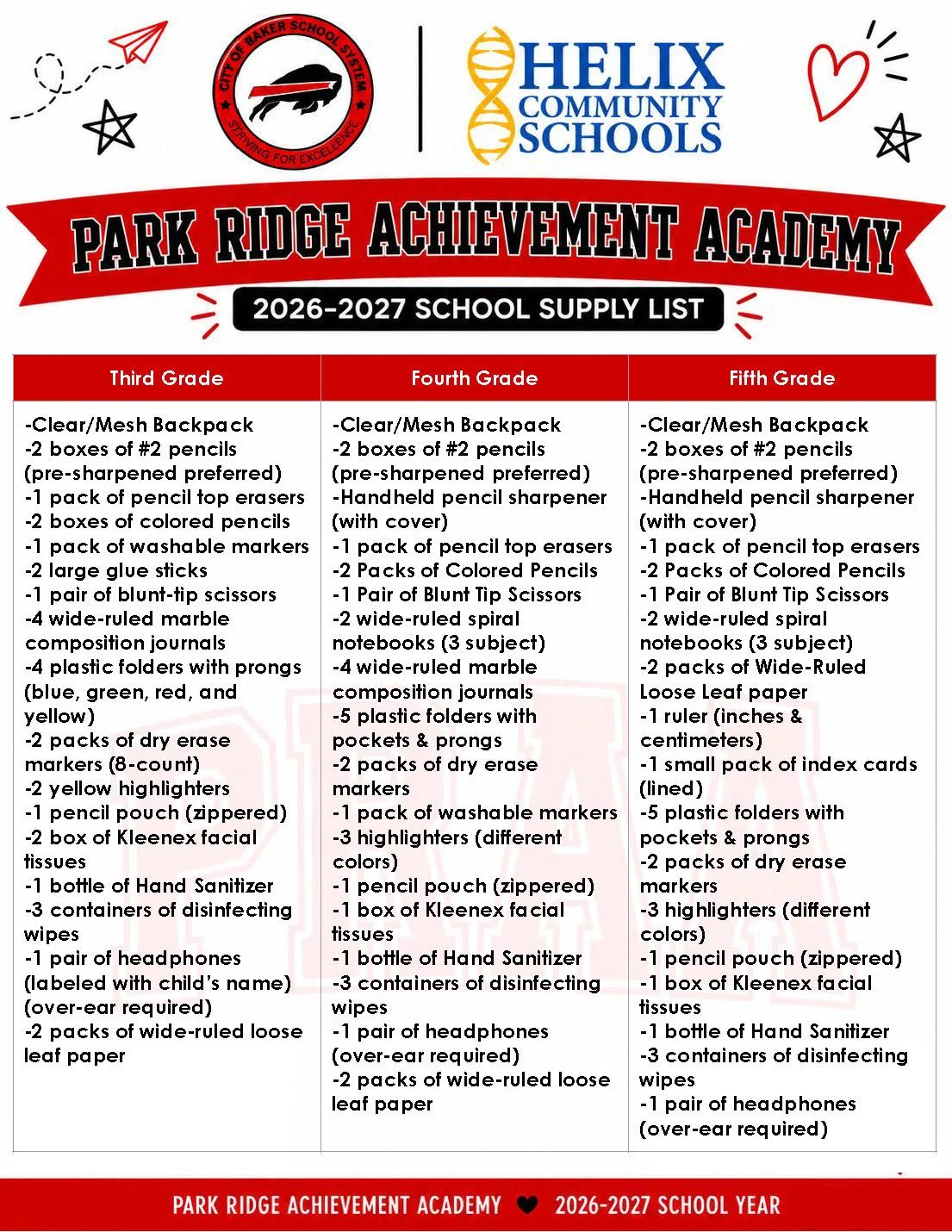 Graphic of School Supply List for Students 3rd - 5th