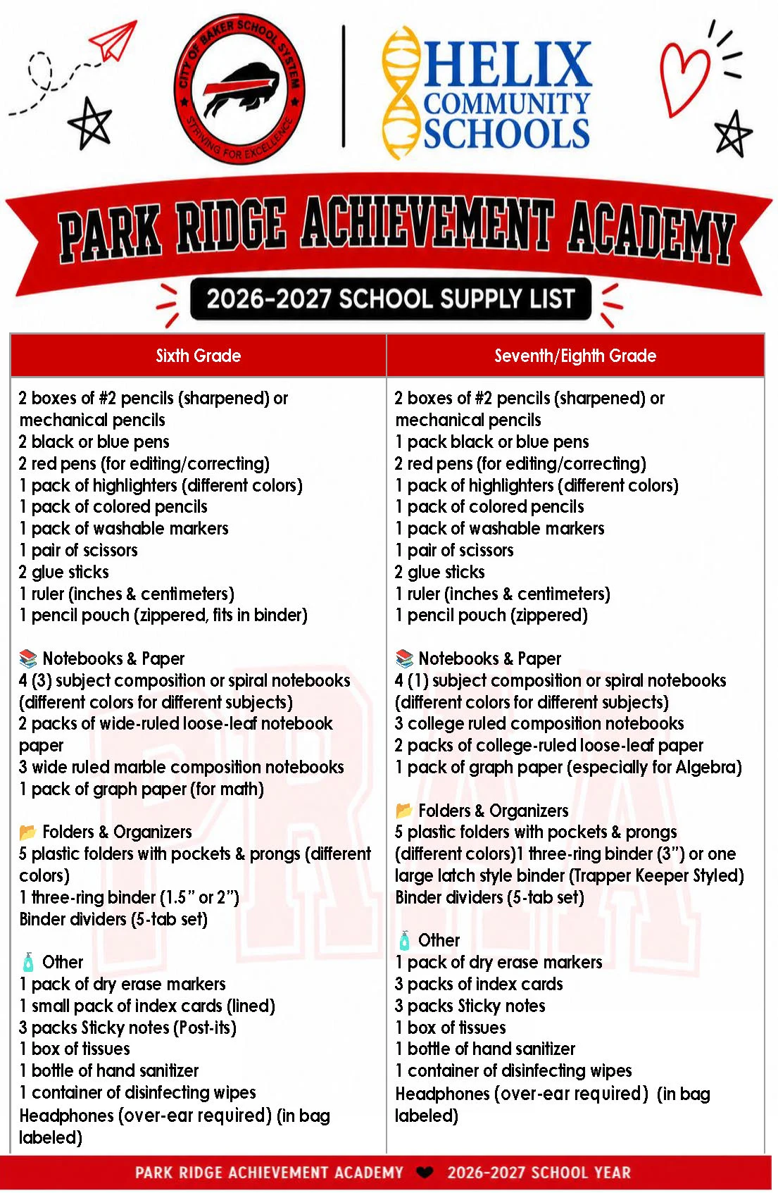 2026-27 School Supply List for 6th - 8th Grades