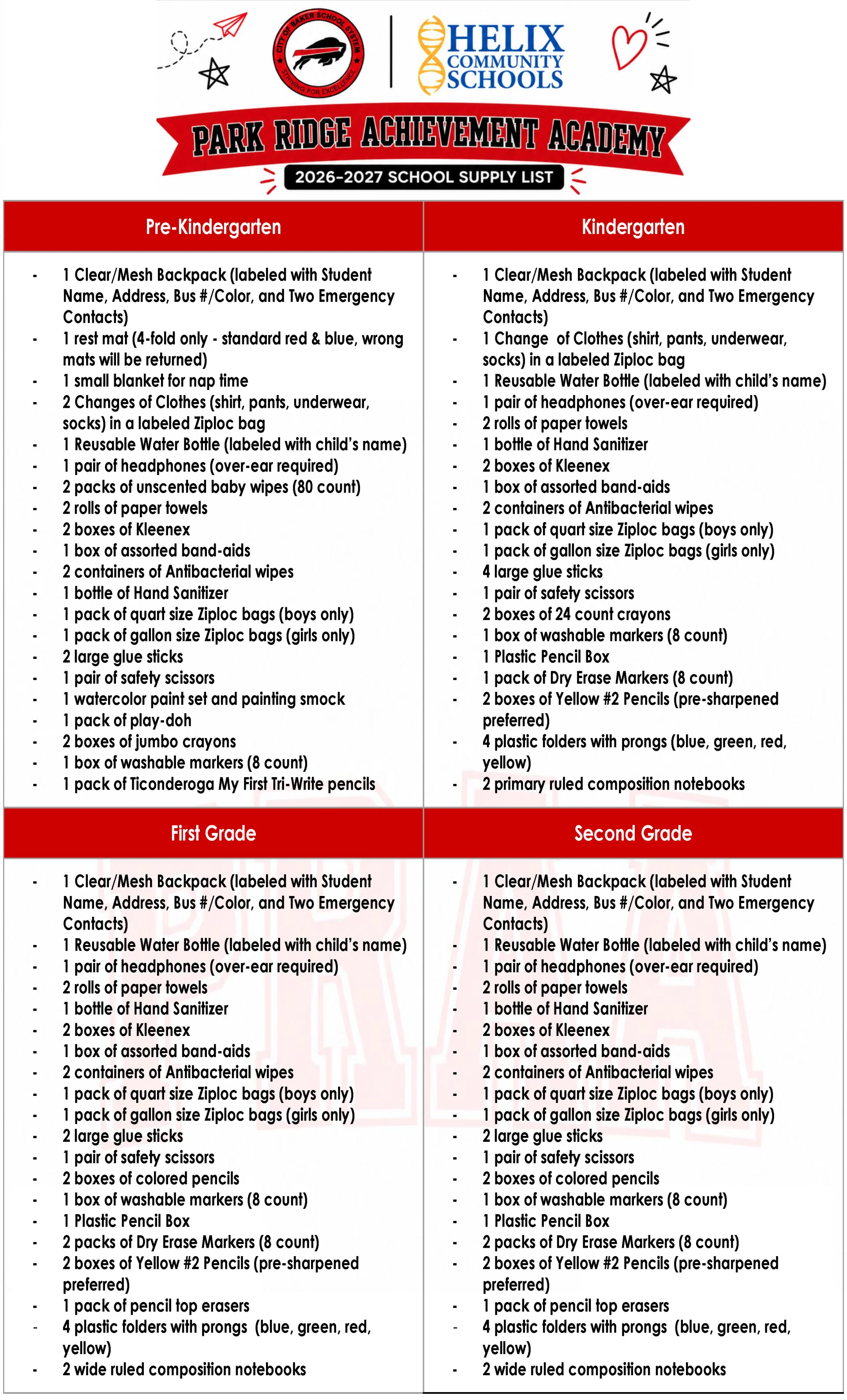 Graphic of School Supply List for Students Pre-K - 2nd